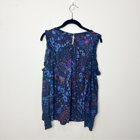 Loft Paisley Floral Blouse Blue Purple Red Ruffle Cutout Shoulder Long Sleeve - Picture 4 of 9
